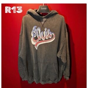 R13 Unisex Elvis Flag Logo Oversized Hoodie - Light Acid Black (Sz SM/OS) (VGUC)